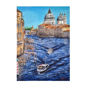 Dipinto ad acquerello di paesaggio urbano, paesaggio veneziano, decorazione da parete per la casa, opera d'arte unica nel suo genere