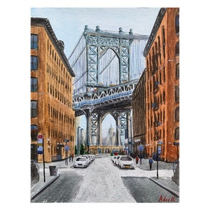 Urban Cityscape Watercolor Painting, New York, Brooklyn Bridge, Home Wall Decor, Unique One of a kind Artwork