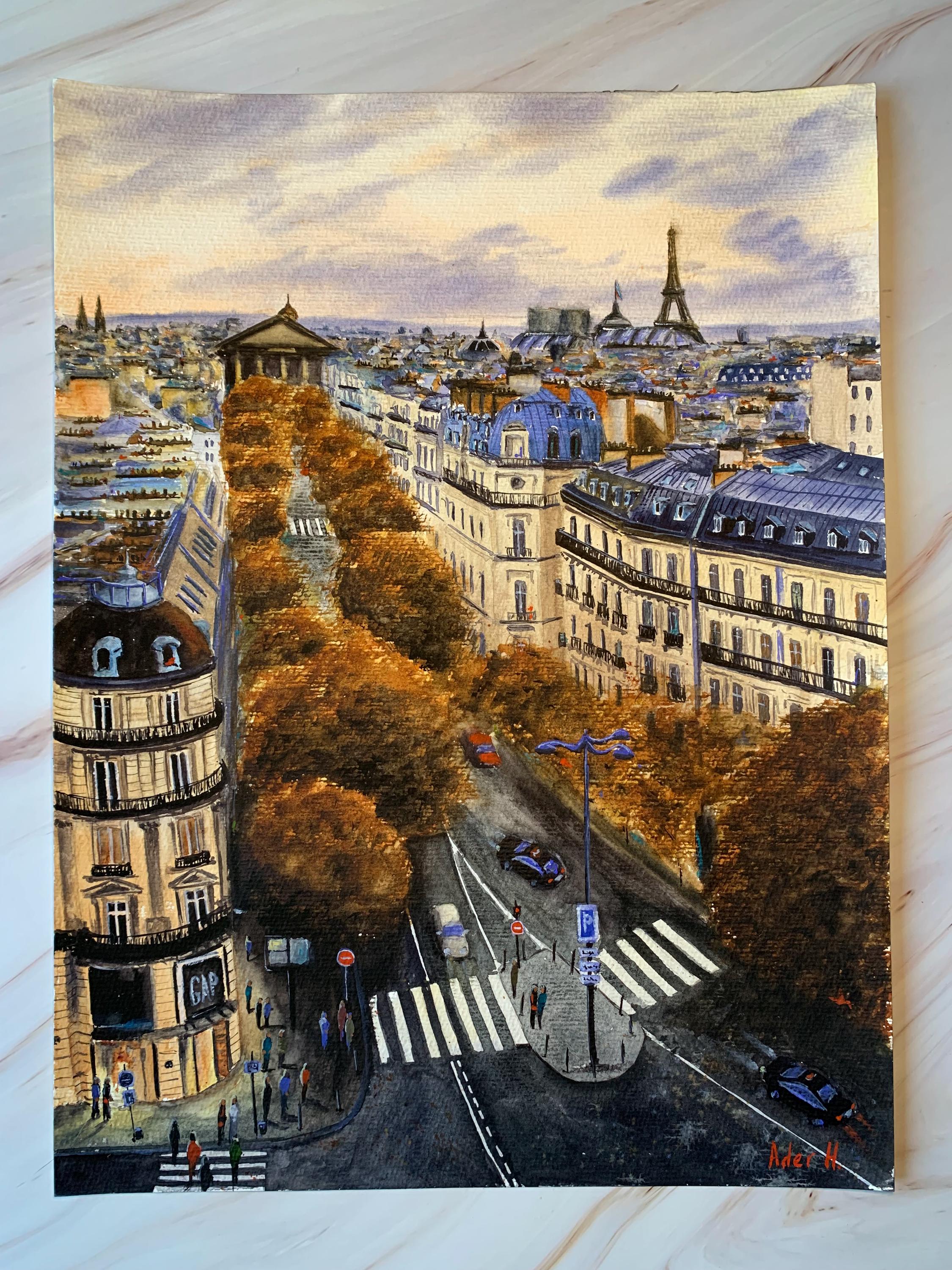 鮮やかなパリの街並みの水彩画：オリジナルパノラマアートワーク（11.8