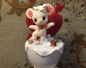 Vintage Valentines Day Vignette Mouse in Porcelain Egg Cup Hearts Valentines Day Decorating