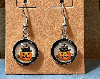 Jack-o-lantern Black Cat Halloween Earrings JOL