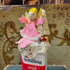 Vintage Spice Tin Cottonhead PINK ANGEL with Bottlebrush Tree  Vignette Christmas Schilling Cinnamon Glass Garland  Figure Decoration