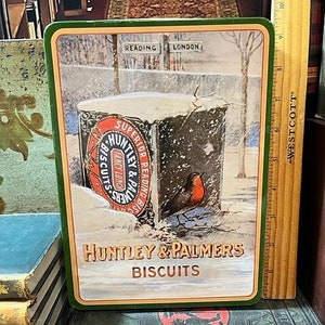 Huntley & Palmers Biscuits Tin with Bird in Biscuit Tin Graphics Metal Tin Box Cookie Advertising Winter Scene image 1