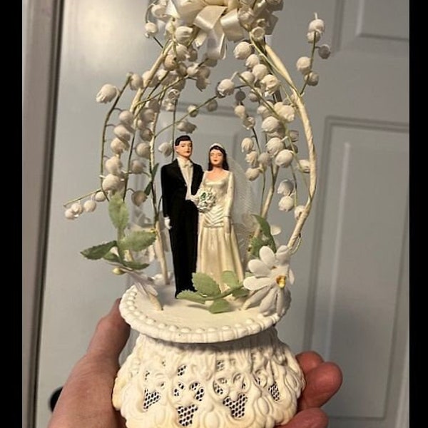 Vintage Wedding Bride Groom Cake Topper Lily of the Valley Arch Figurine Figural Decoration Chalkware Ceramic or Composition