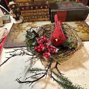 Pretty Red Bird and Floral Nest for Christmas  Decorating Decoration Natural Nature