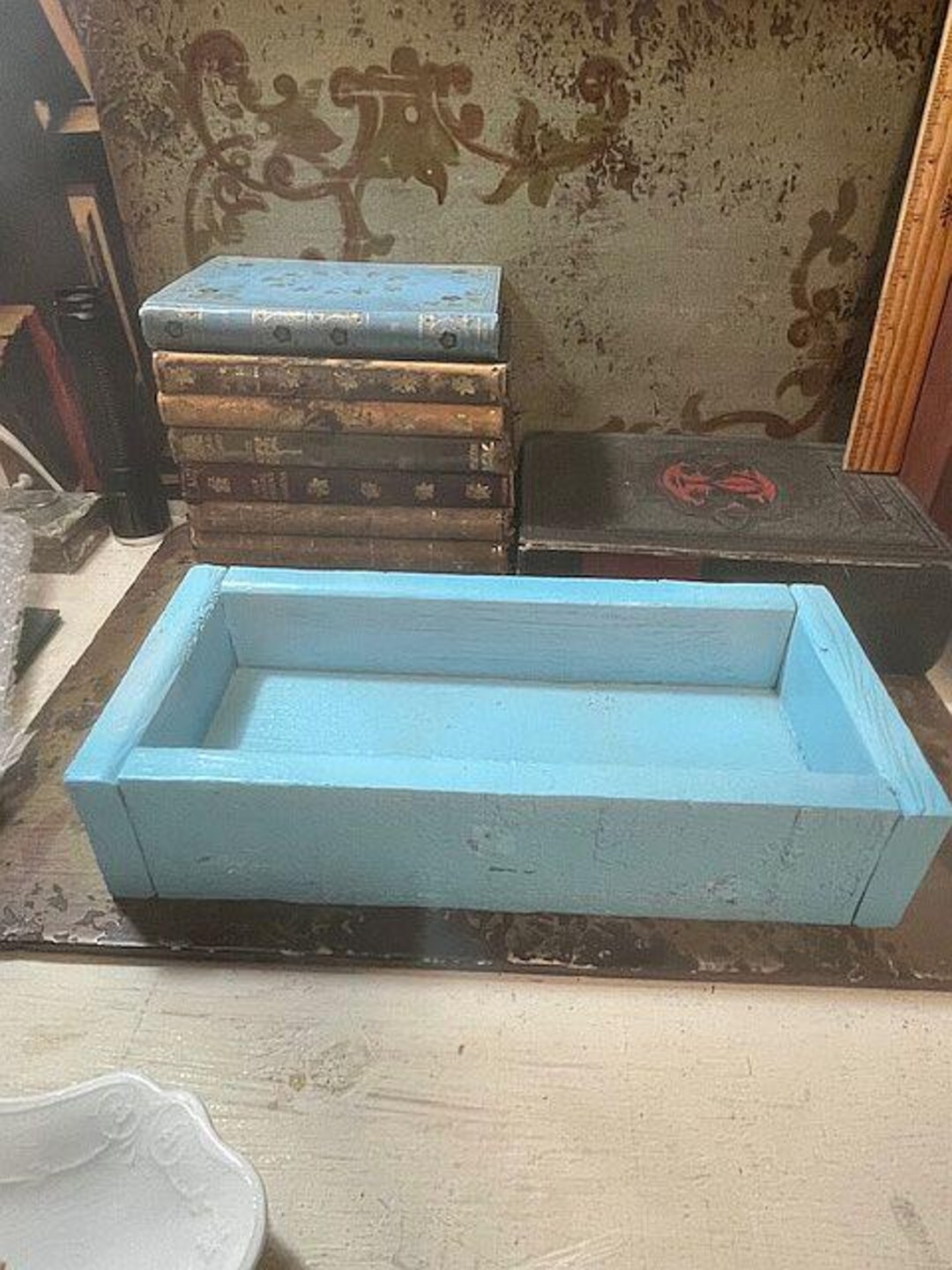 Aqua Blue Vintage Rustic Wooden Shallow Box Wood Decoration Decorating ...