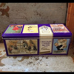 Vintage English Cadbury's Chocolate Biscuits Hinged Lid Tin Metal Advertising Made in England