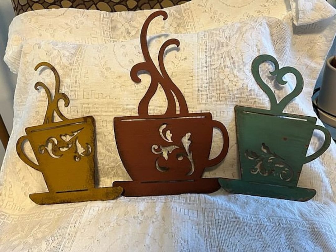3 COFFEE CUPS Metal Wall Plaques Each a Different Color Cute Etsy