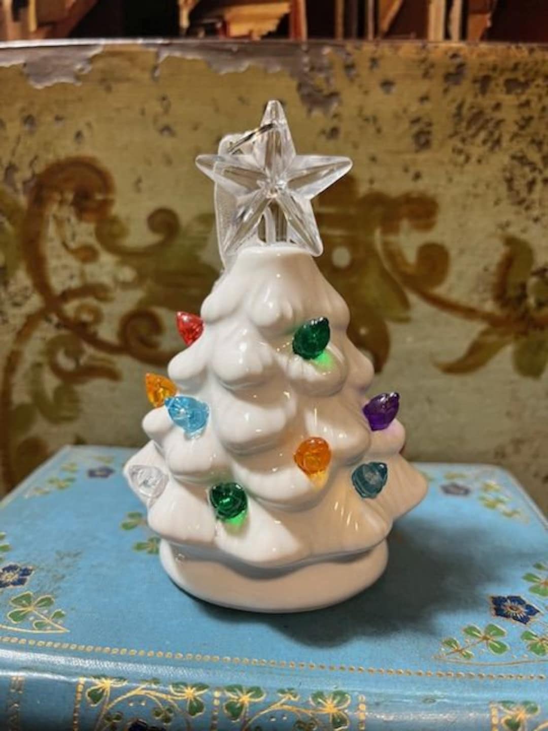 Vintage Small White Christmas Tree Light up Ornament Decoration