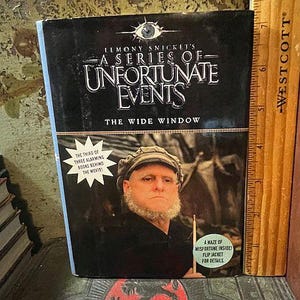 May include: A book titled "Lemony Snicket's A Series of Unfortunate Events: The Wide Window" with a portrait of a man on the cover. The book is black with white text and has a yellow ruler next to it. The cover also says "The third of three alarming books behind the movie!"