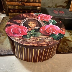 Vintage Girl Pink Roses Round Metal Tin  Home Decor Storage
