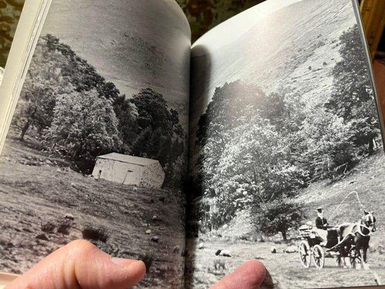May include: Black and white photograph of a landscape scene. A small stone building sits on a hillside, surrounded by trees. A horse-drawn carriage with two horses and a driver is in the foreground.