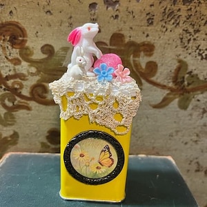 Vintage Spice Tin with Tiny Bunnies Egg Flowers Vintage Vignette Easter Decoration