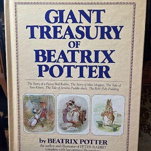 May include: A vintage book titled "Giant Treasury of Beatrix Potter" with illustrations of characters from the stories. The book cover features a blue and white border with the title in blue text. The book includes illustrations of a rabbit, a cat, and a duck.