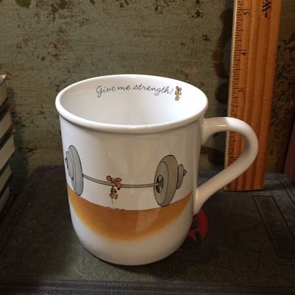 1985 Give me Strength Hallmark Mouse with Weights MUG Vintage Rim Shots Japan