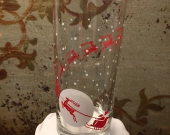 Vintage Santa in Sleigh with Reindeer Fly Glass Tumbler Christmas Drinking Glass