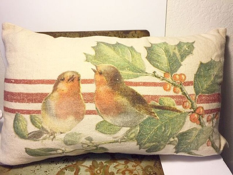 Pottery Barn Bird Grainsack Stripe Christmas Large Pillow Etsy