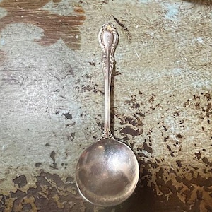 May include: A silver soup spoon with an ornate handle and a bowl with a reflective surface.