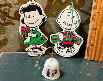 3 Peanuts Vintage Ornaments Snoopy Charlie Brown Tiny Christmas Bell Lucy and Charlie ornaments Charles Schulz United Features Syndicate