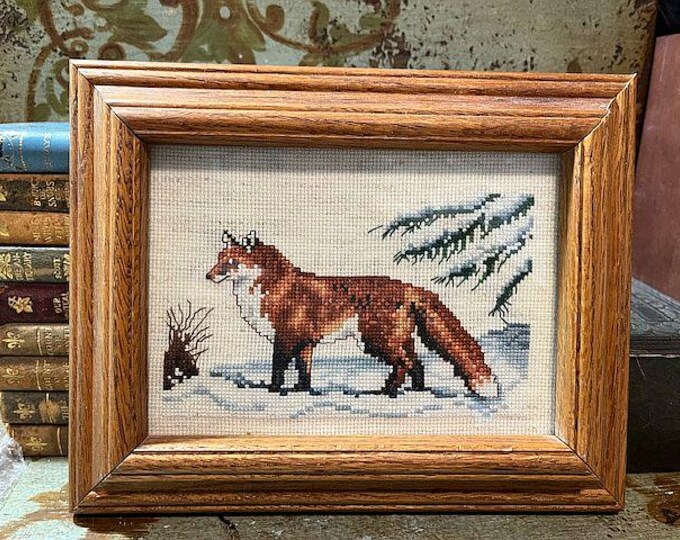 Vintage FOX Winter Scene Finished Cross Stitch Framed Needlework Sewing ...