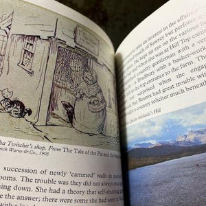 May include: An open book displays an illustration from "The Tale of the Pie and the Patty-Pan." The black and white drawing depicts Tabitha Twitchit's shop, a woman, and several cats. Text at the bottom reads "Tabitha Twitchit's shop. From The Tale of the Pie and the Patty-Pan."