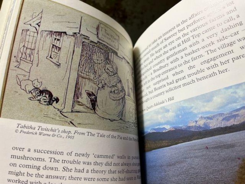 May include: An open book displays an illustration from "The Tale of the Pie and the Patty-Pan." The black and white drawing depicts Tabitha Twitchit's shop, a woman, and several cats. Text at the bottom reads "Tabitha Twitchit's shop. From The Tale of the Pie and the Patty-Pan."