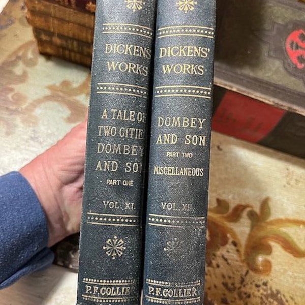 2 Antique Tattered Charles Dickens Books Dombey and Son Tale of Two Cities Hardback  Peter Fenelon Collier Publisher Tattered Books