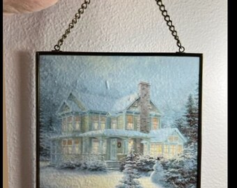 Thomas Kinkade Glass Suncatcher Sun Catcher Winter Home with Snowman Pretty Enesco Hanging Christmas Light Catcher