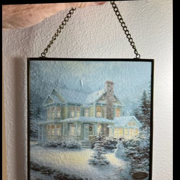 Thomas Kinkade Glass Suncatcher Sun Catcher Winter Home with Snowman Pretty Enesco Hanging Christmas Light Catcher