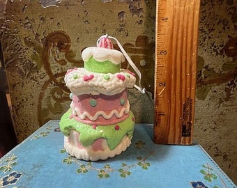 Vintage PINK Green Candy CAKE Ornament Decoration Decorating  For Crafting Vignette  Valentines Day Christmas