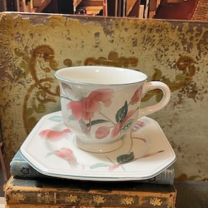May include: A white teacup and saucer with a floral design featuring pink flowers and green leaves. The teacup and saucer are sitting on top of a stack of vintage books.