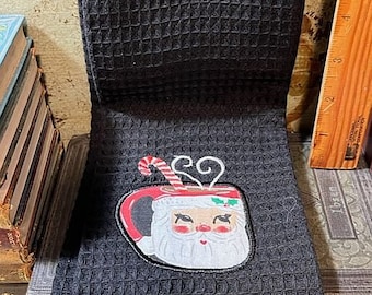 Black Applique Embroidered Santa Mug Christmas Kitchen Towel Decorating Serving Never Used