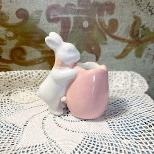 Vintage White Bunny Pink Pot Easter Toothpick Holder or Small Vase
