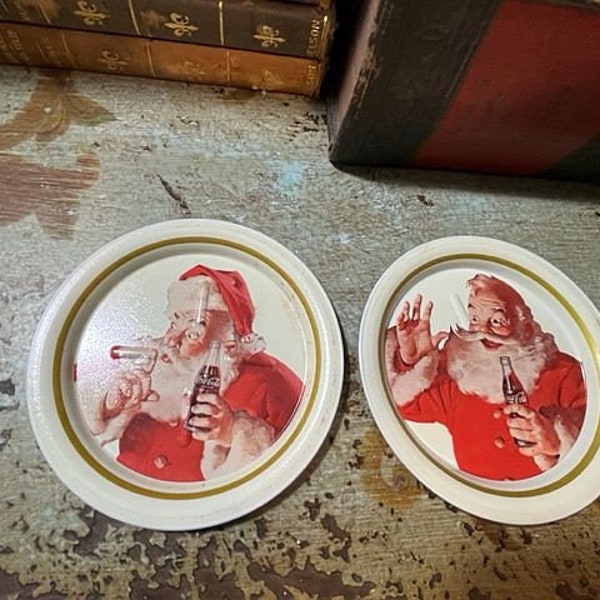 2 Different SANTA Coke Coca Cola Christmas Vintage Tin Coasters