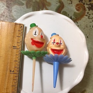 2 Vintage Cute Plastic Clown Clowns Figures Figure Cake Cupcake Crafting 50s Pic Pick