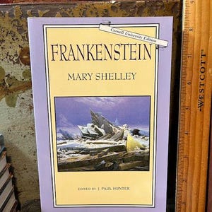 May include: A copy of "Frankenstein" by Mary Shelley, a Norton Critical Edition. The book has a light purple cover with the title in large black letters and a landscape illustration. A wooden ruler is visible.