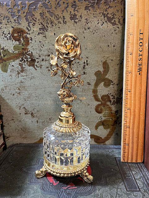 Stylebuilt Perfume Bottle with Roses Ormolu Vintage Midcentury