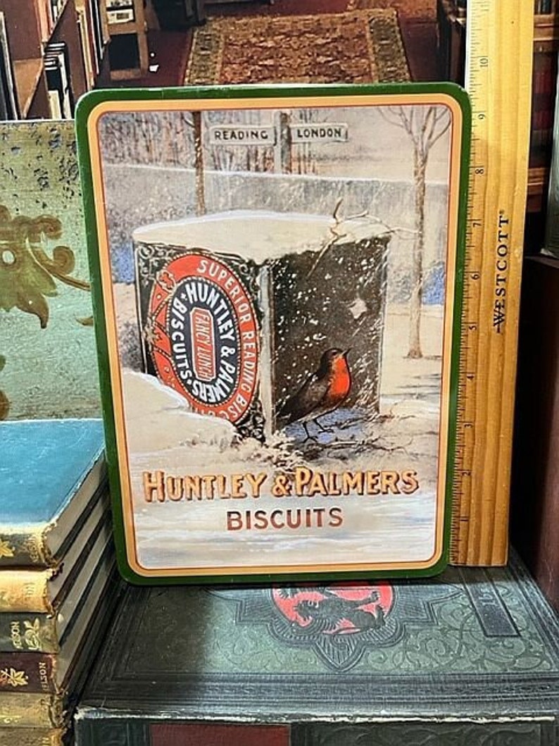 Huntley & Palmers Biscuits Tin with Bird in Biscuit Tin Graphics Metal Tin Box Cookie Advertising Winter Scene image 1