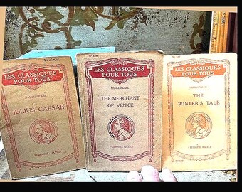 May include: Three vintage softcover books from the Les Classiques Pour Tous series by Librairie Hatier. The titles are Julius Caesar, The Merchant of Venice, and The Winter's Tale by Shakespeare. Each tan cover features red text and a portrait.