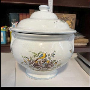 May include: White ceramic soup tureen with a lid, featuring a hand-painted floral design with a yellow bird and blue flowers. The tureen has a blue trim around the rim and base.
