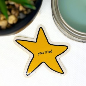 Sticker étoile dorée Vous avez essayé, cadeau pour lui, cadeau pour elle, décoration de journal intime, anniversaire, sticker pour ordinateur portable, papeterie meme drôle, décalcomanie de haute qualité