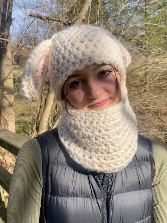 White Bunny Crocheted Balaclava- Handmade Bunny Ski Mask- White Rabbit Winter Hat- Wool- Fuzzy Ears Hat- Adult Crochet Cap