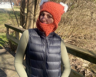 Little Fox Crocheted Balaclava- Handmade Fox Ski Mask- Rust Orange Fox Winter Hat- Wool- Fuzzy Ears Hat- Adult Crochet Cap