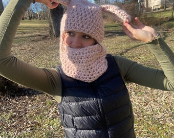 Handmade Pink Bunny Balaclava – Crocheted Wool Winter Hat