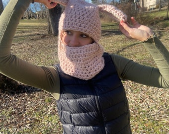 Pink Bunny Crocheted Balaclava- Handmade Bunny Ski Mask- Pink Rabbit Winter Hat- Wool- Fuzzy Ears Hat- Adult Crochet Cap