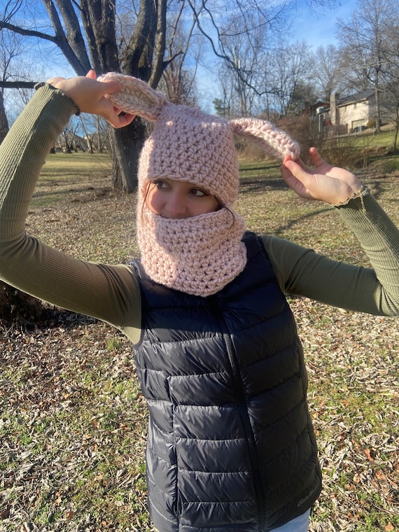 Pink Bunny Crocheted Balaclava- Handmade Bunny Ski Mask- Pink Rabbit Winter Hat- Wool- Fuzzy Ears Hat- Adult Crochet Cap