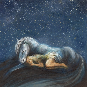 We Are Stardust art print woman sleeping under the stars white horse