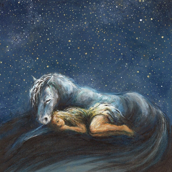We Are Stardust art print woman sleeping under the stars white horse