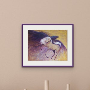 May include: A painting of a white horse with a black raven perched on its back. The horse is running and the raven's wings are spread out. The background is a purple and yellow gradient.