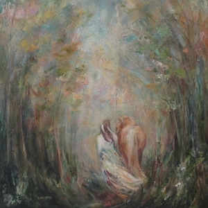 Impression d'art cheval voyage enchanté femme amitié pastel forêt